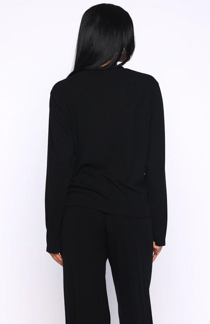 Come A Long Way Soft Lounge Long Sleeve Ribbed Tee Black