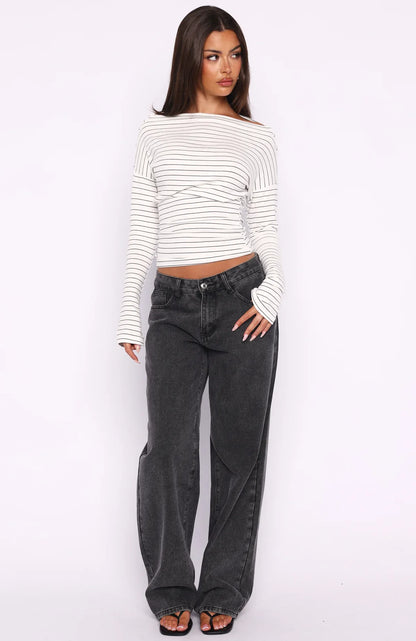 Another Time Cinched Waist Long Sleeve Top White Stripe