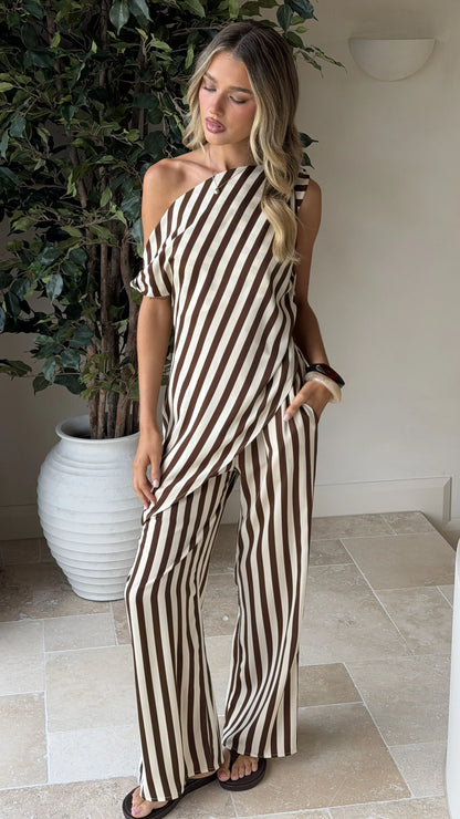 Liana Off Shoulder Top Pants Set Brown Stripe