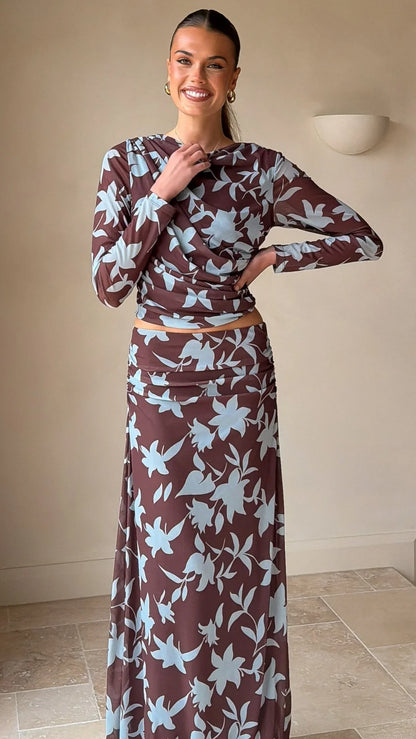 Adira Long Sleeve Top Chocolate Blue Print
