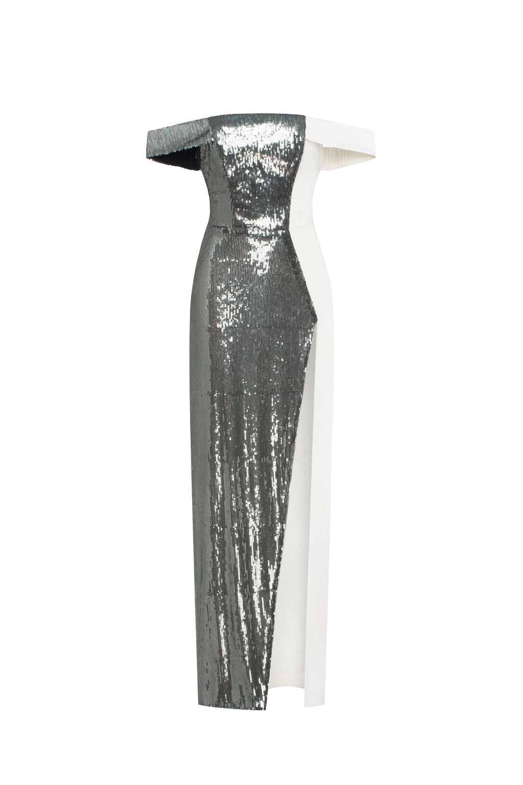 Noteworthy white satin maxi gown covered in silver sequins Xo Xo