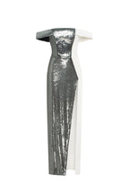 Noteworthy white satin maxi gown covered in silver sequins Xo Xo