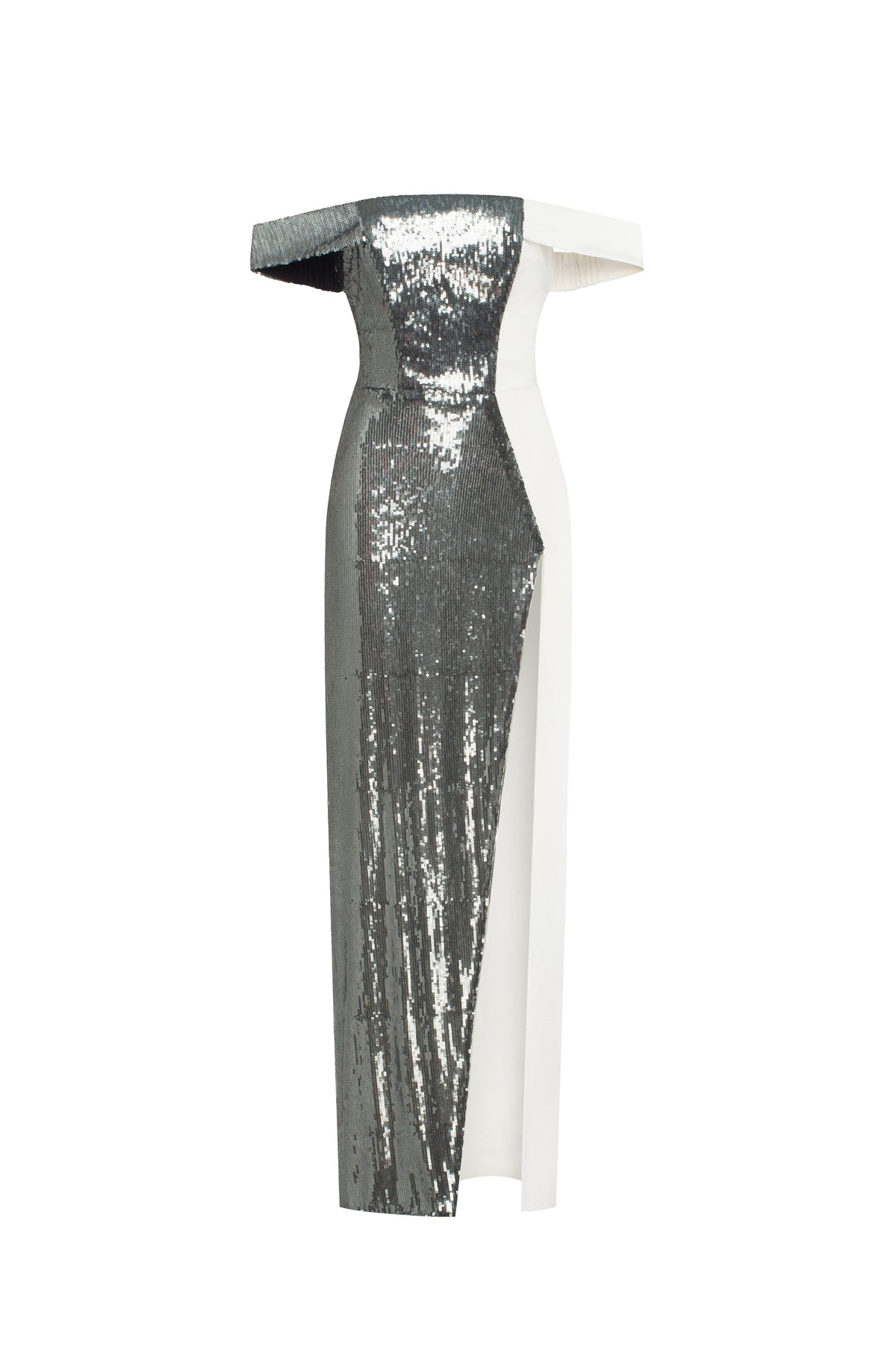 Noteworthy white satin maxi gown covered in silver sequins Xo Xo