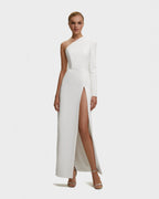White Long sleeved dress with sharp shoulder cut
