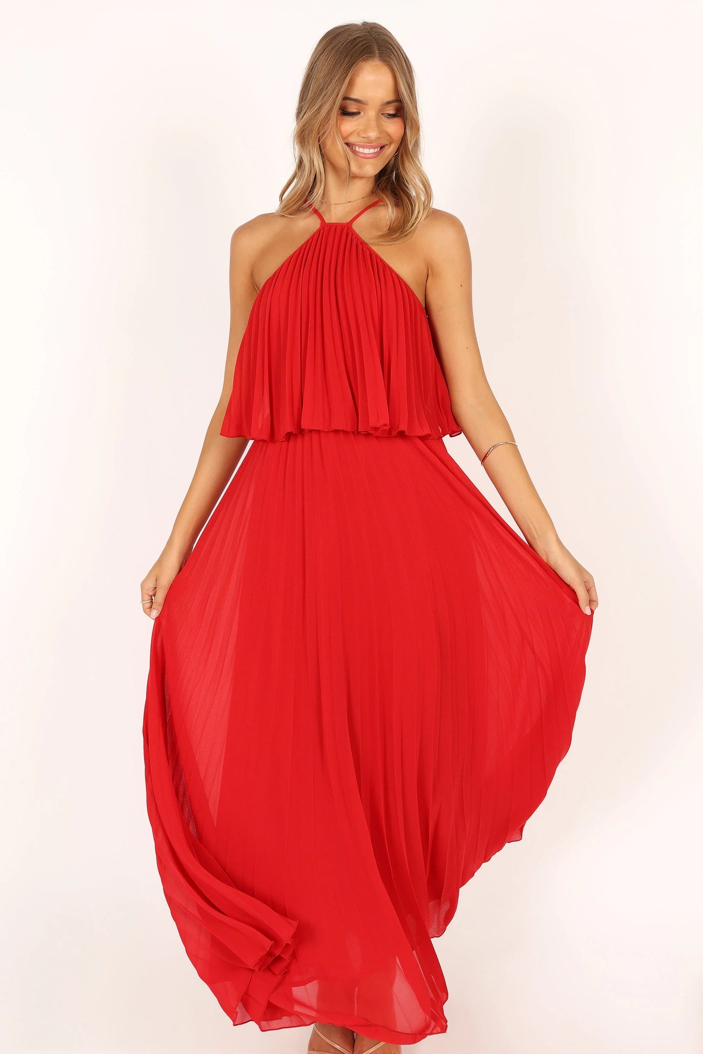 Gia Pleated Halterneck Maxi Dress Red
