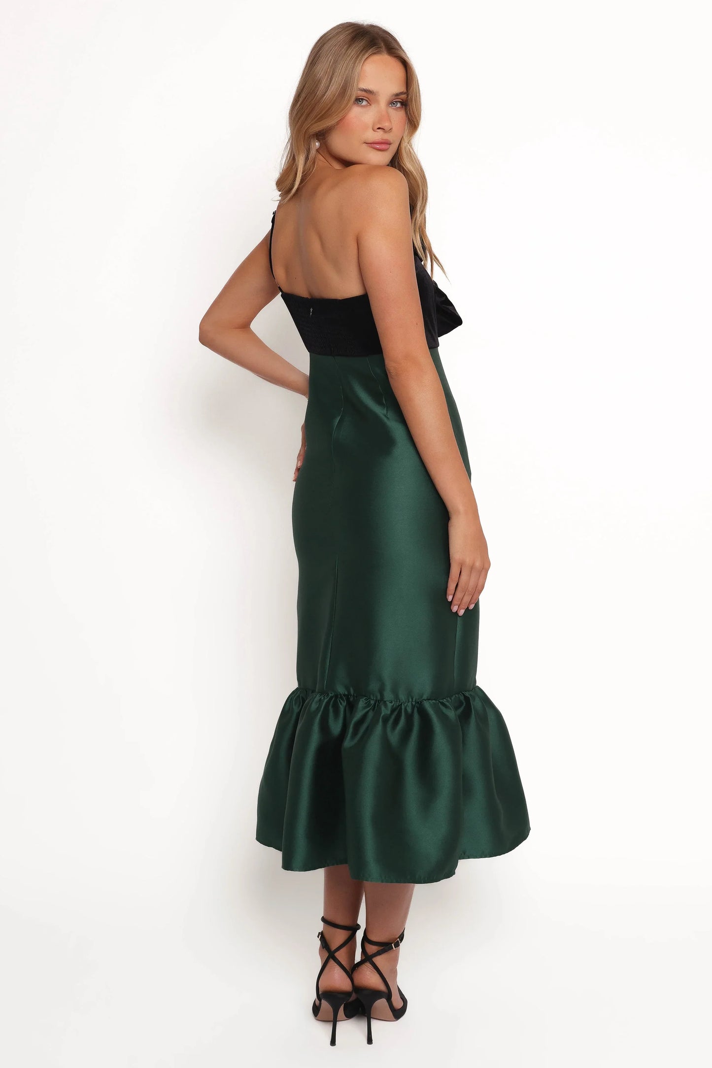 Amelie Bow Front One Shoulder Midi Dress Black Emerald