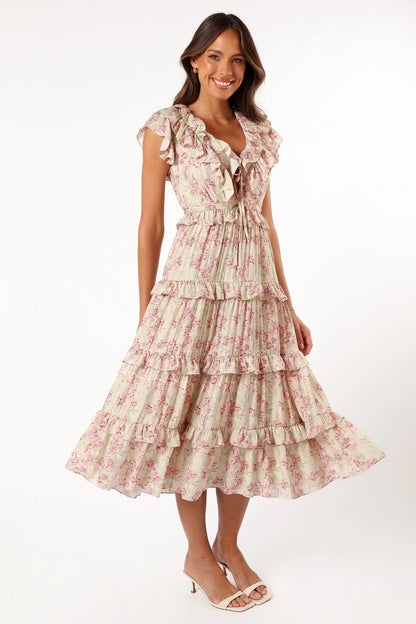Levelle Midi Ruffle Dress Ivory Red Green Floral