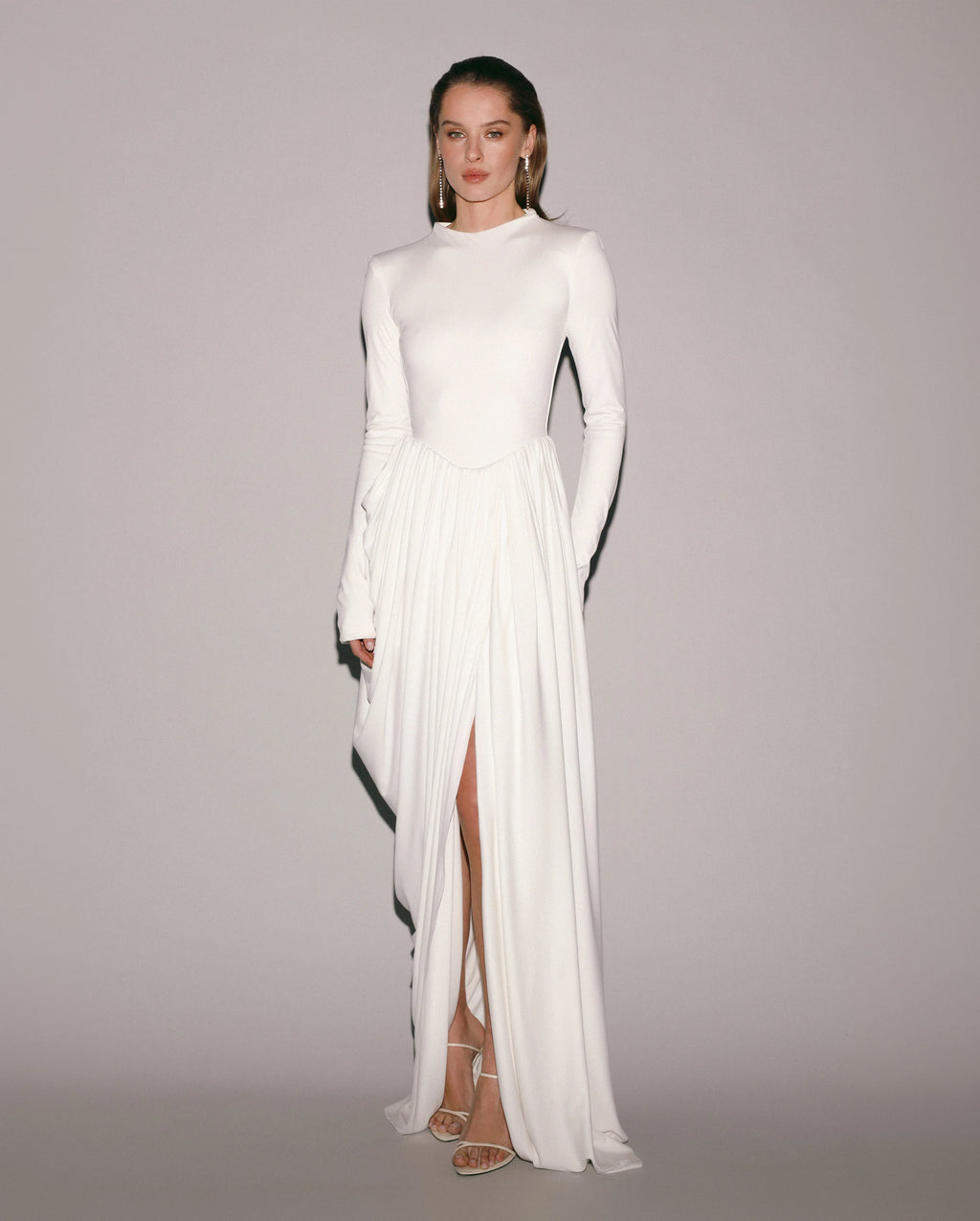 White Maxi Dress with Slit and Long Sleeves
