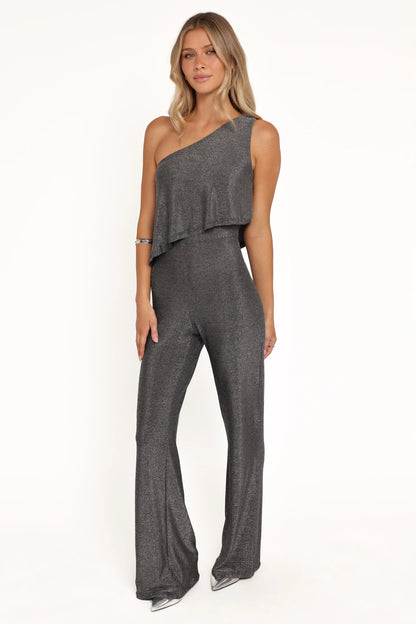 Anna One Shoulder Lurex Jumpsuit Black Silver