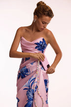 Strapless pink maxi dress with blue flowered pattern Glow Up