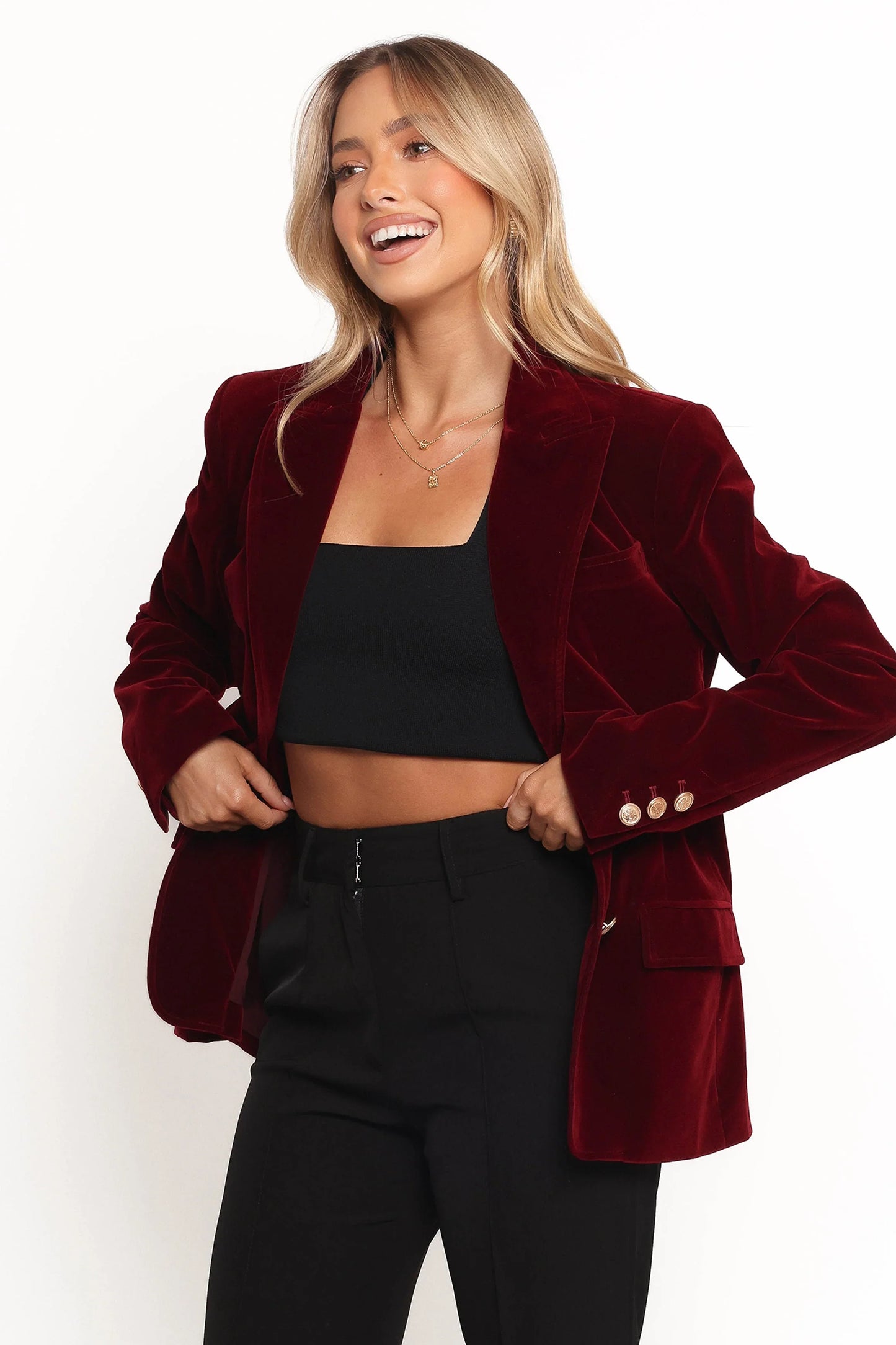 Zpya Single Button Velvet Blazer Berry