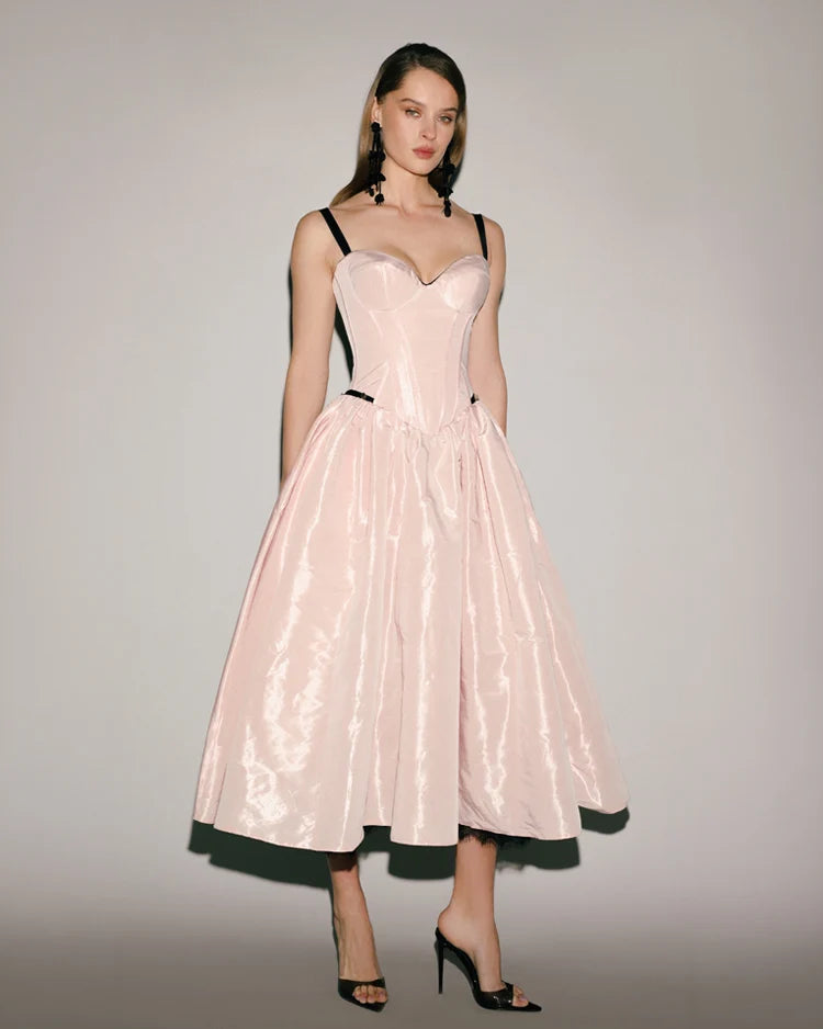 Misty Rose Corset Midi Dress with Contrast Details