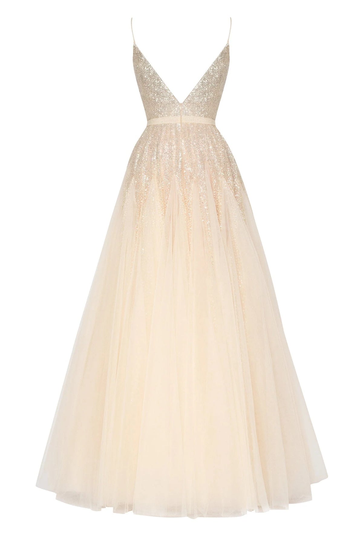 Melon Fitted maxi tulle dress sprinkled with glitter