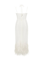 White cocktail dress decorated with feathers Xo Xo