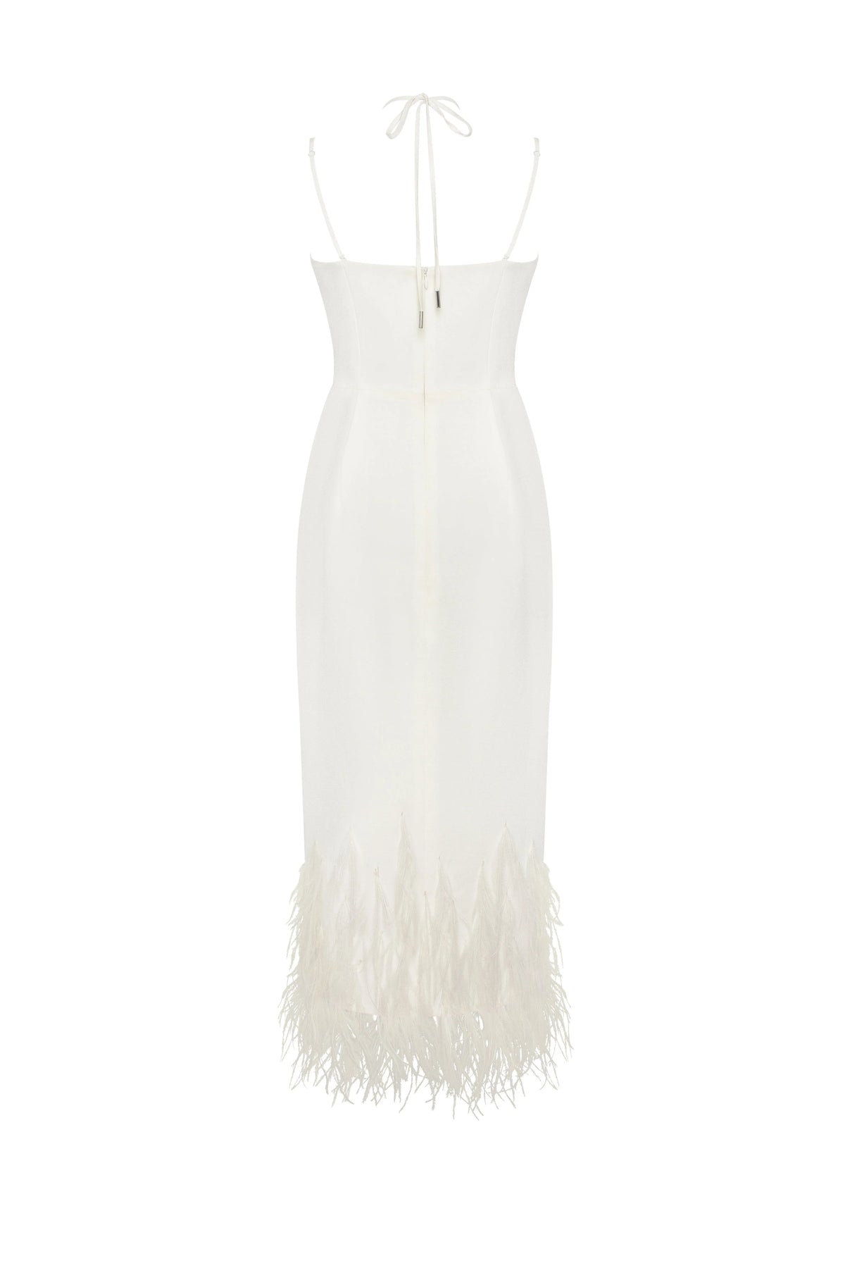 White cocktail dress decorated with feathers Xo Xo