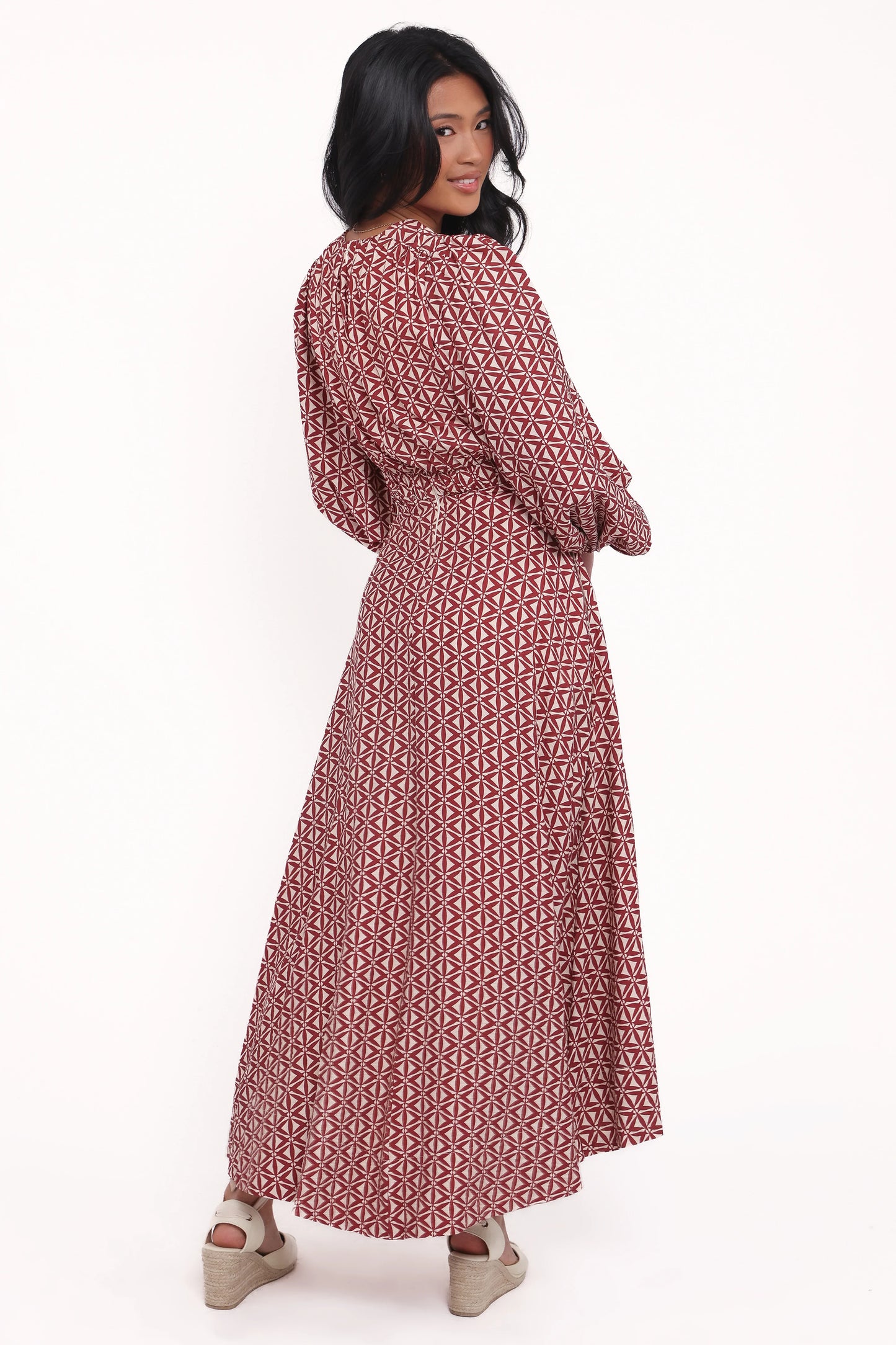 Ginnee Puff Sleeve Cutout Midi Dress Brown Geo