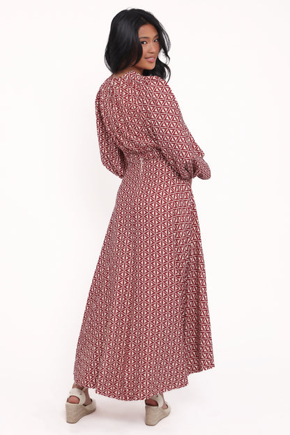 Ginnee Puff Sleeve Cutout Midi Dress Brown Geo
