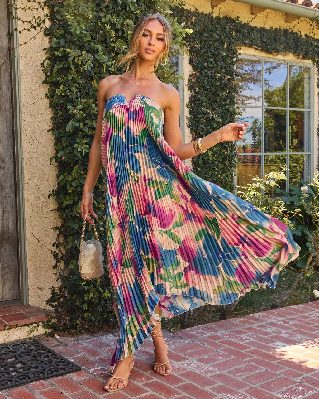 Adrenia Pleated Floral Print Satin Maxi Dress
