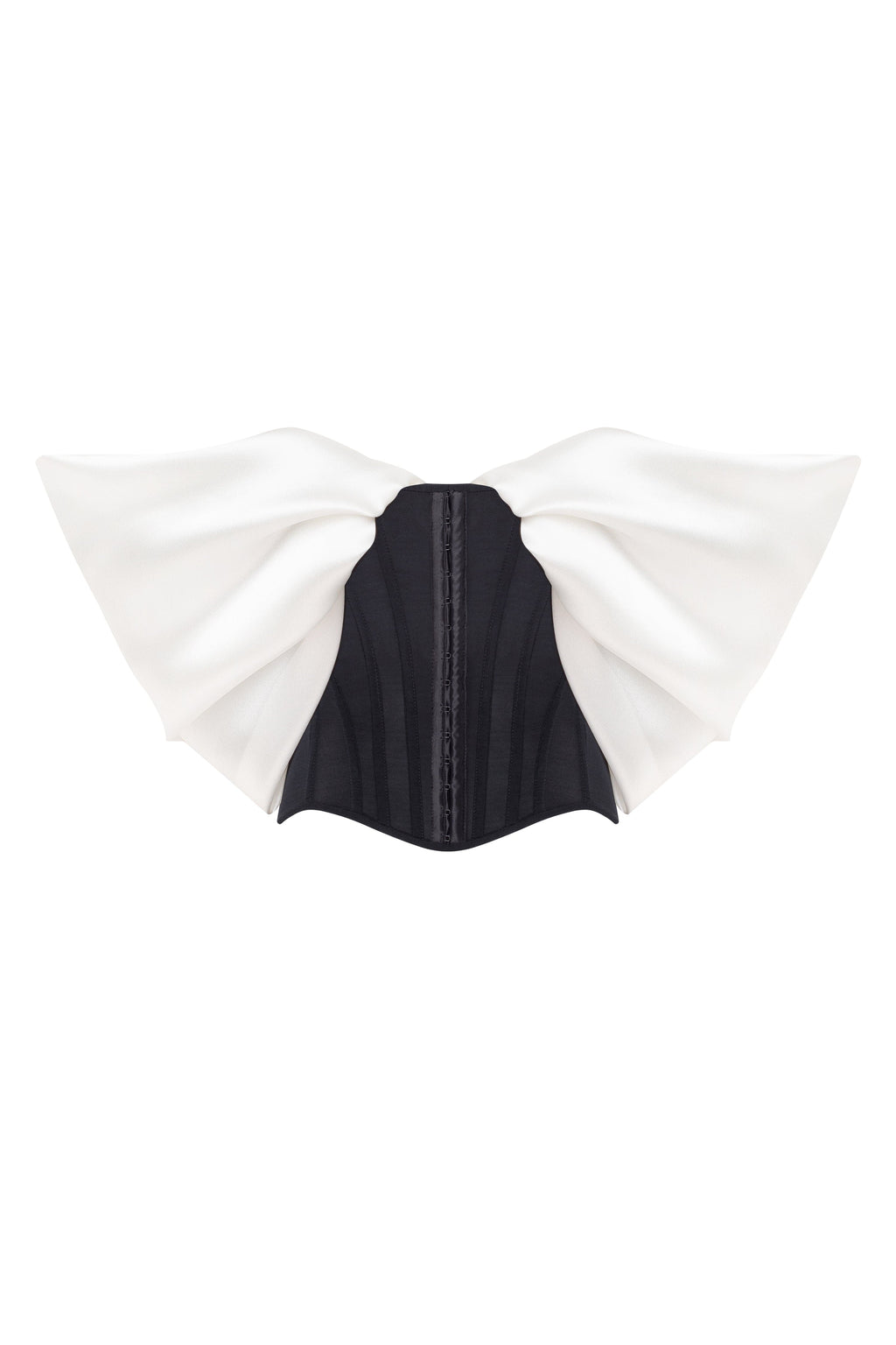 Sophisticated black fitted corset with white satin off the shoulder sleeves Midnight Walk
