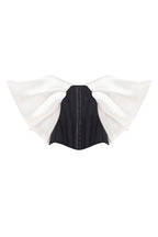 Sophisticated black fitted corset with white satin off the shoulder sleeves Midnight Walk
