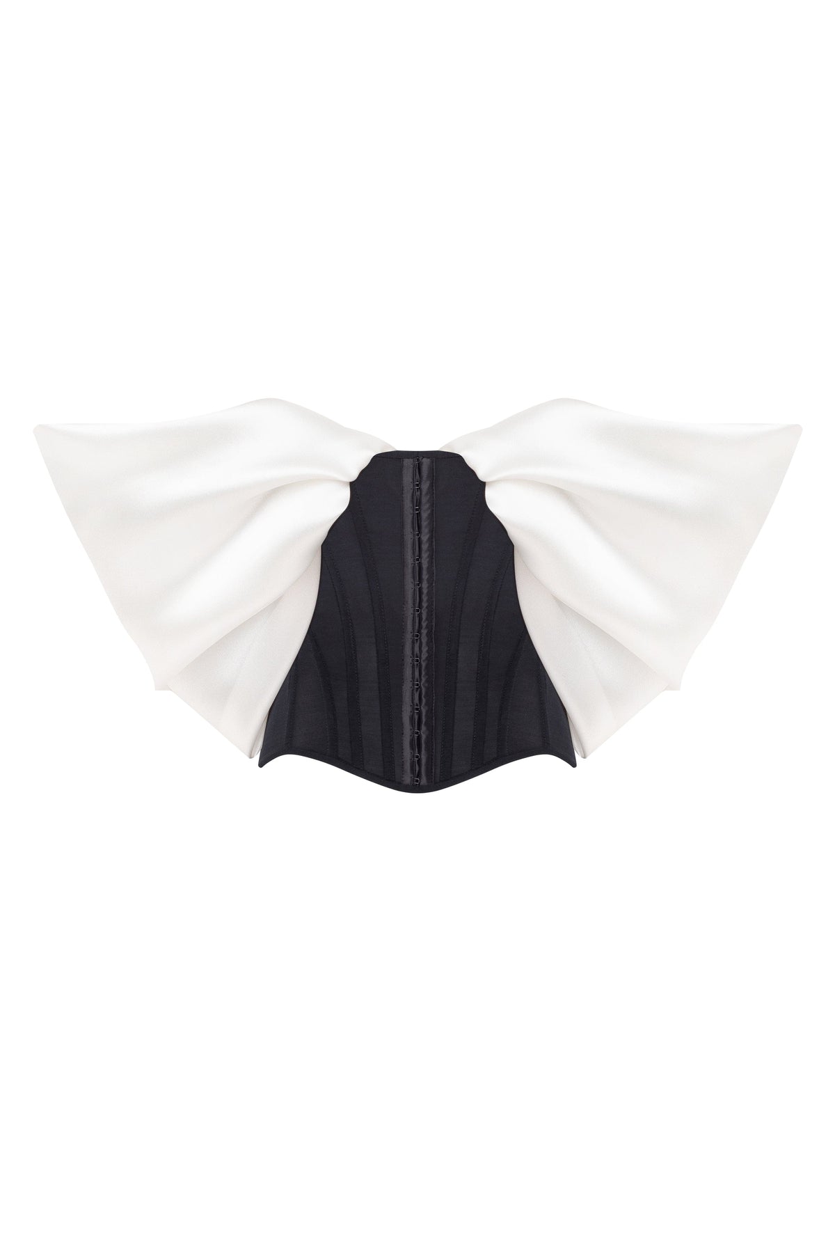 Sophisticated black fitted corset with white satin off the shoulder sleeves Midnight Walk