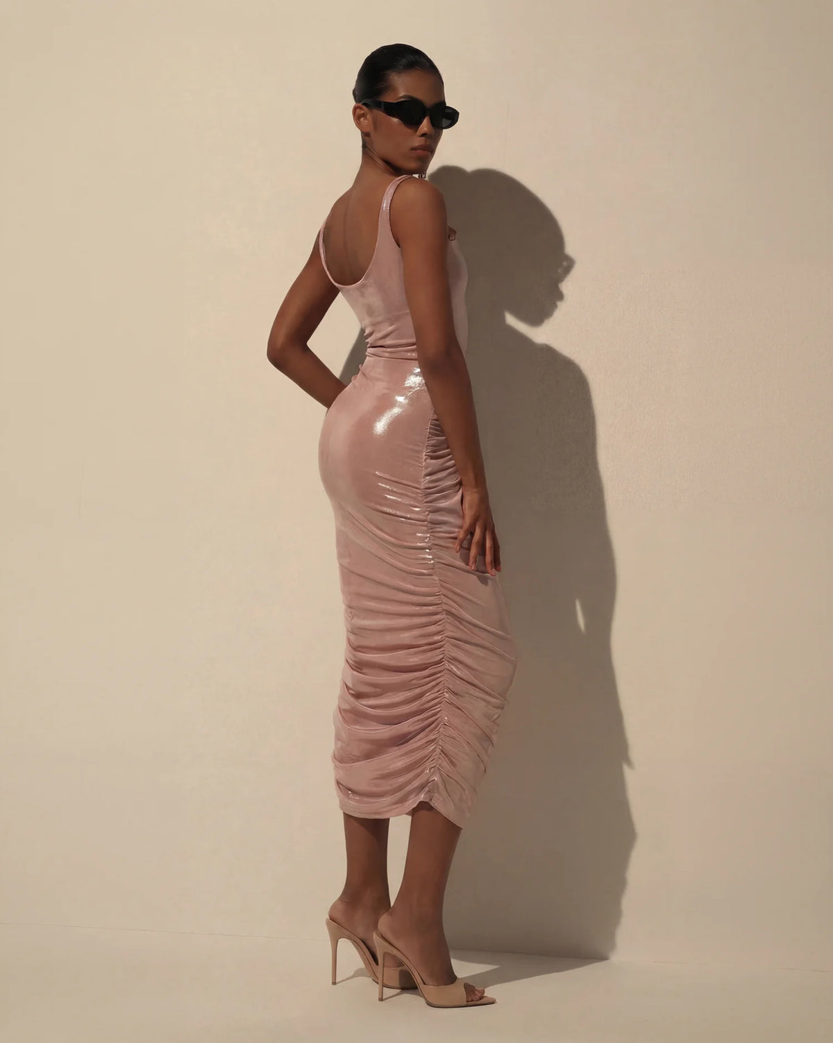 Draped Midi Dress with Metallic Sheen