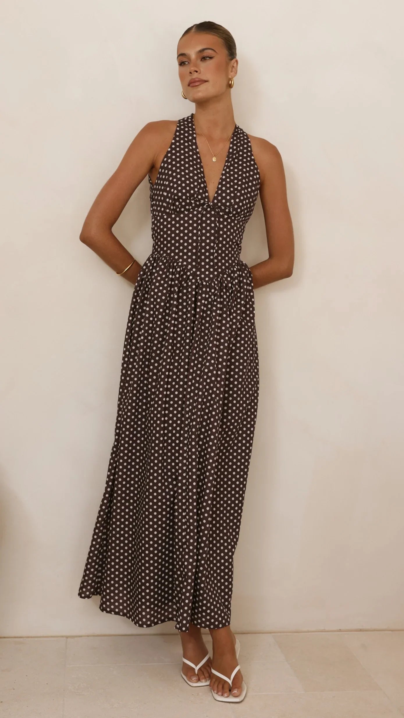 Rachel Tie Back Maxi Dress Chocolate White Spot
