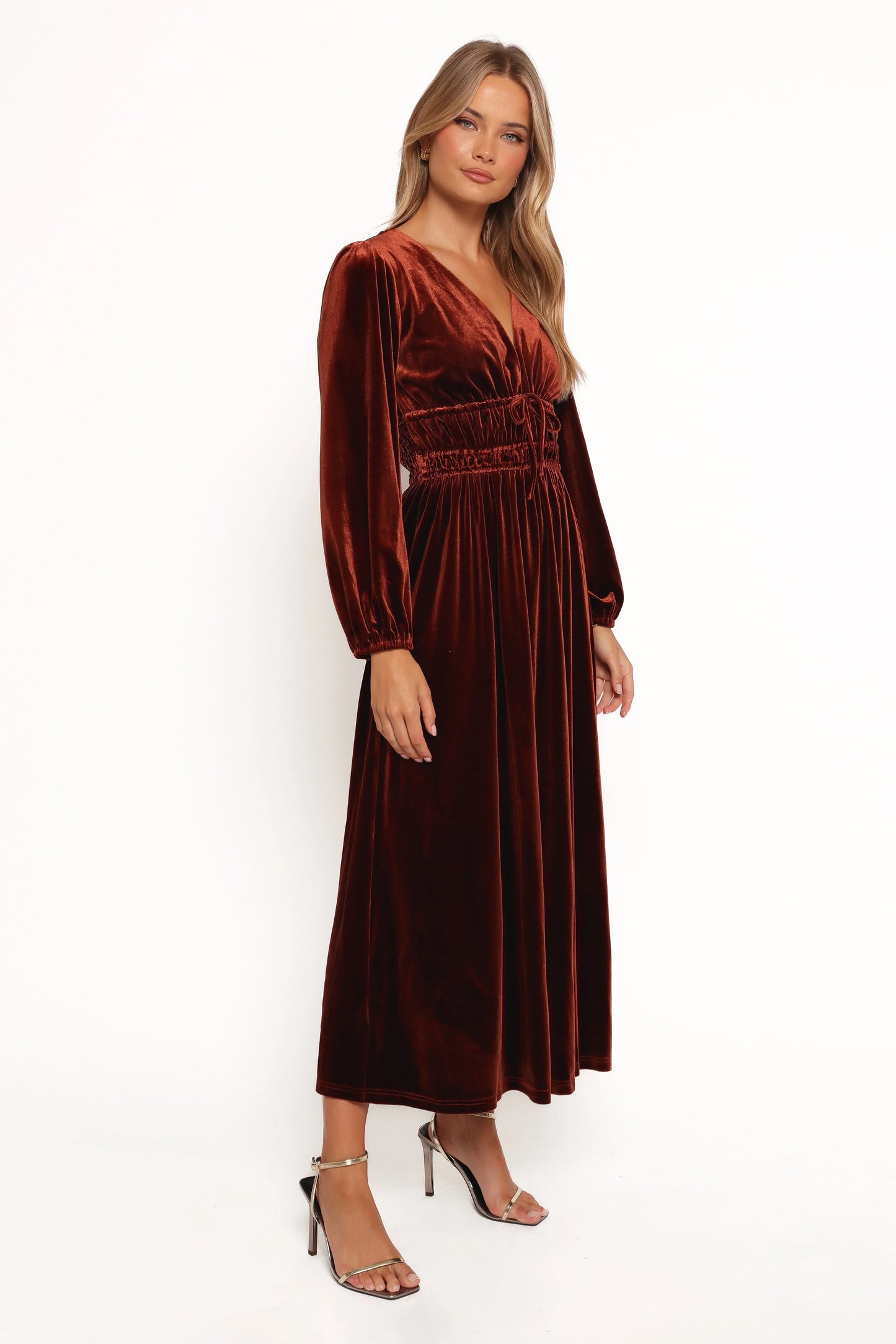 Cece Velvet Long Sleeve Maxi Dress Rust