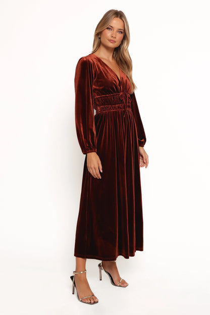 Cece Velvet Long Sleeve Maxi Dress Rust
