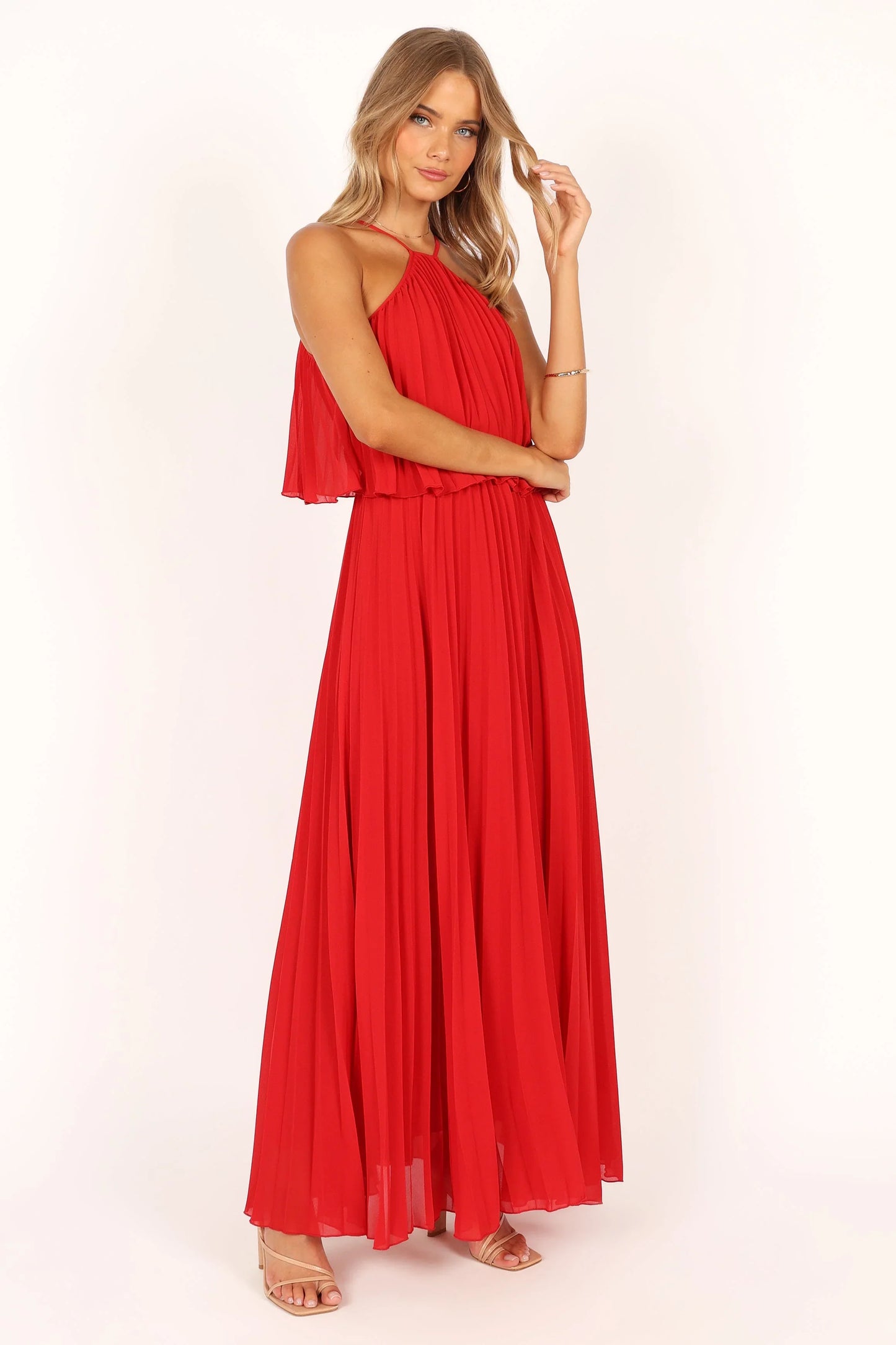 Gia Pleated Halterneck Maxi Dress Red
