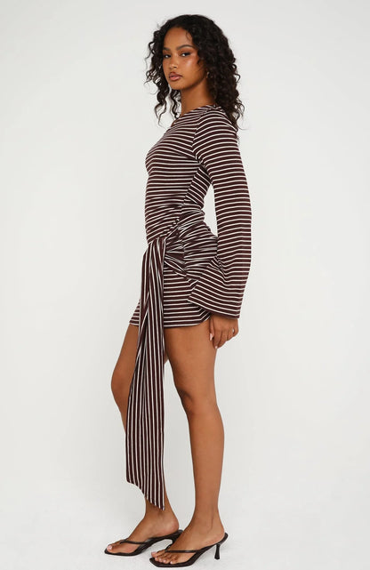 On Her Throne Off Shoulder Long Sleeve Mini Dress Chocolate Marle Stripe