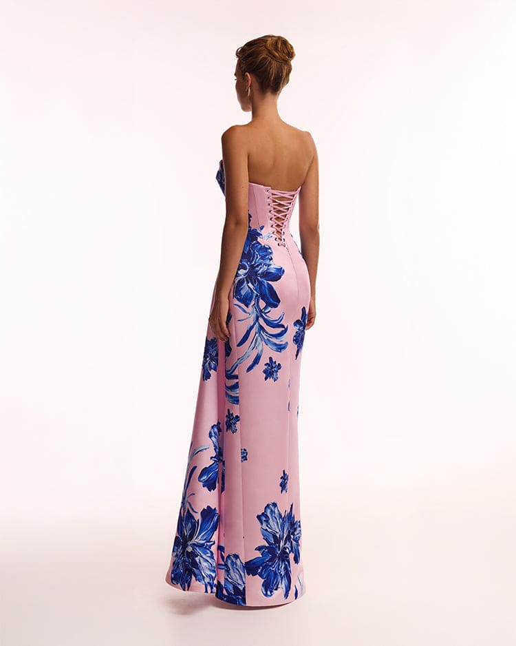 Strapless pink maxi dress with blue flowered pattern Glow Up