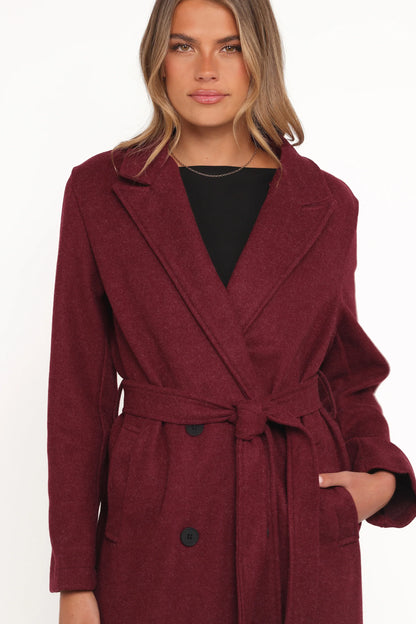 Nina Fur Collar Tie Waist Coat Burgundy