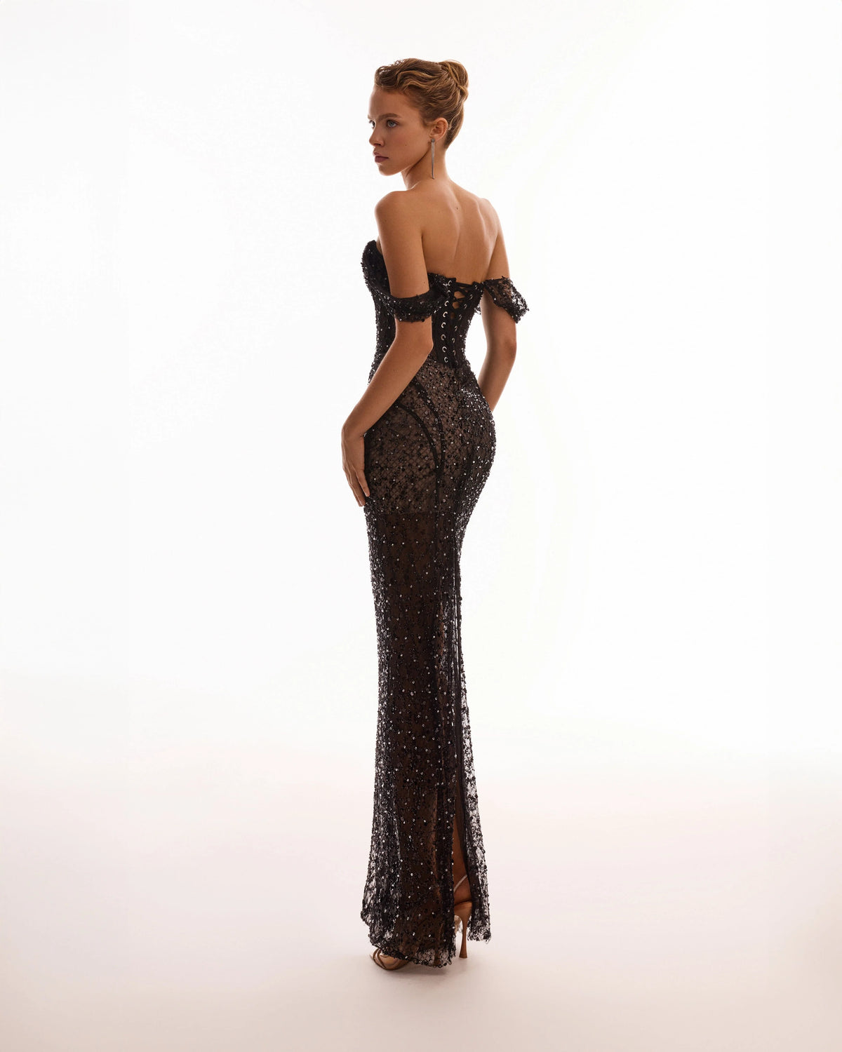 Striking black sequined fitted maxi dress Midnight Walk