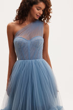 Light Blue One Shoulder Cocktail Tulle Dress