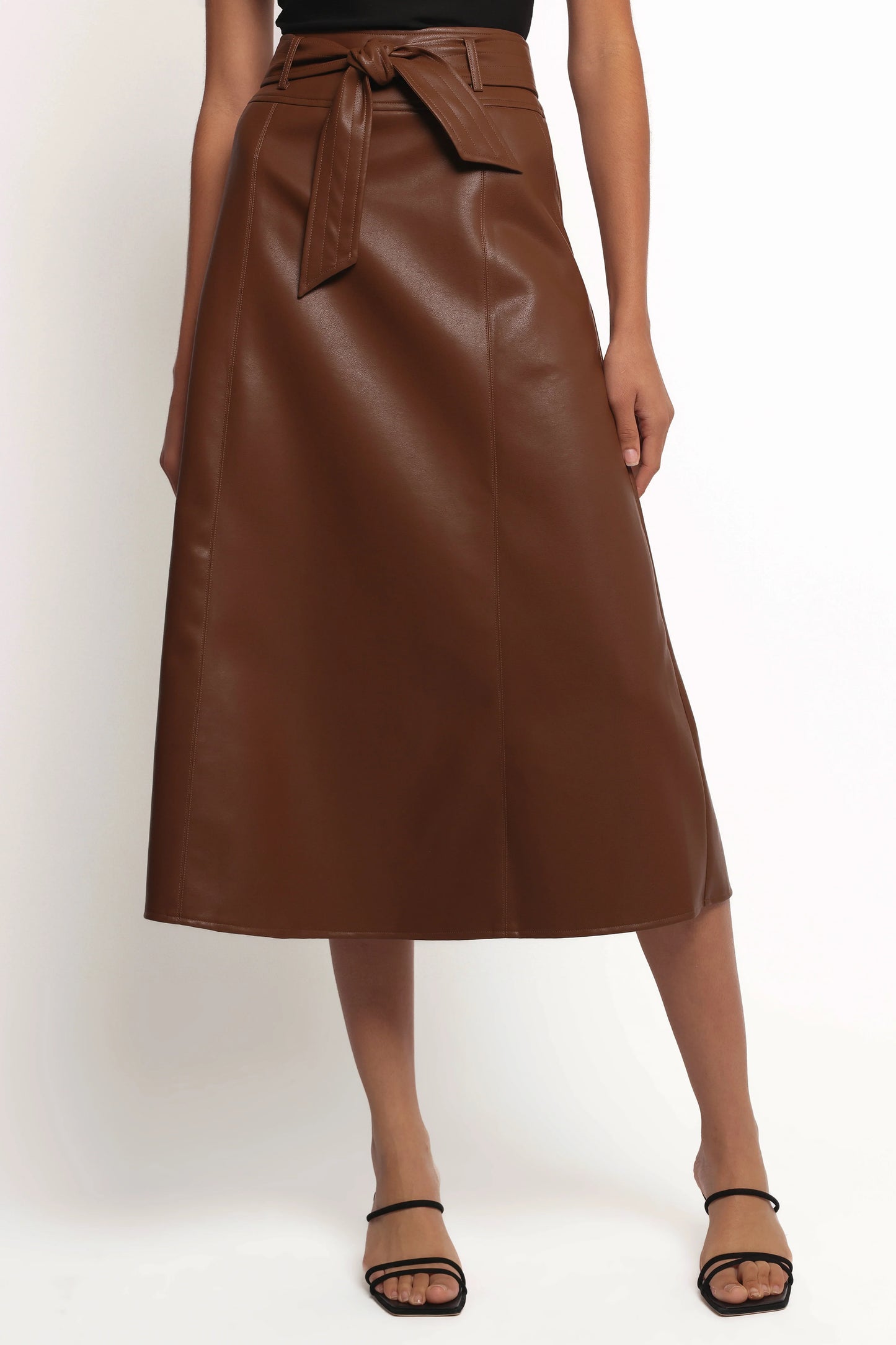 Adaline Faux Leather Midi Skirt Brown