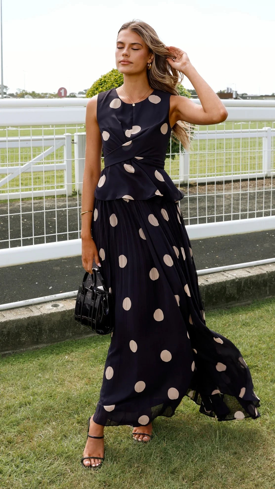 Cambree Peplum Top and Maxi Skirt Set Black Beige Polka Dot