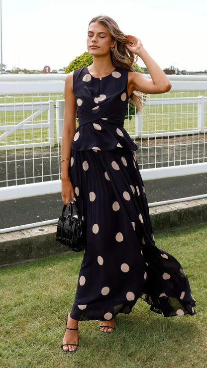 Cambree Peplum Top and Maxi Skirt Set Black Beige Polka Dot