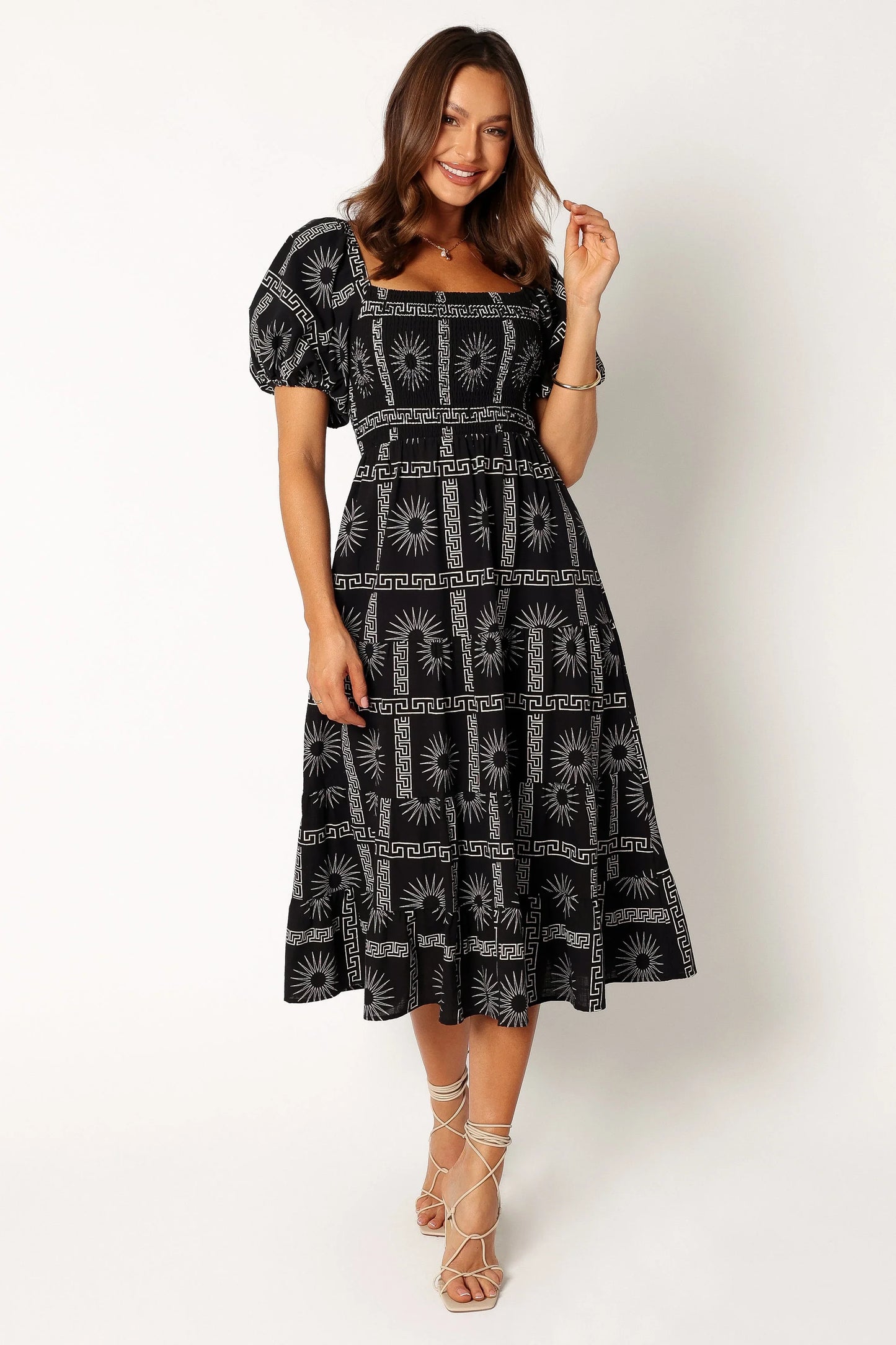 Soliel Puff Sleeve Midi Dress Black Tan