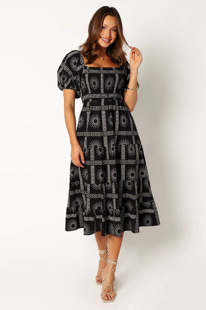 Soliel Puff Sleeve Midi Dress Black Tan