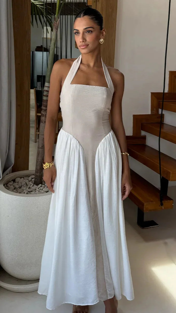 Sammi Halter Midi Dress Sand White