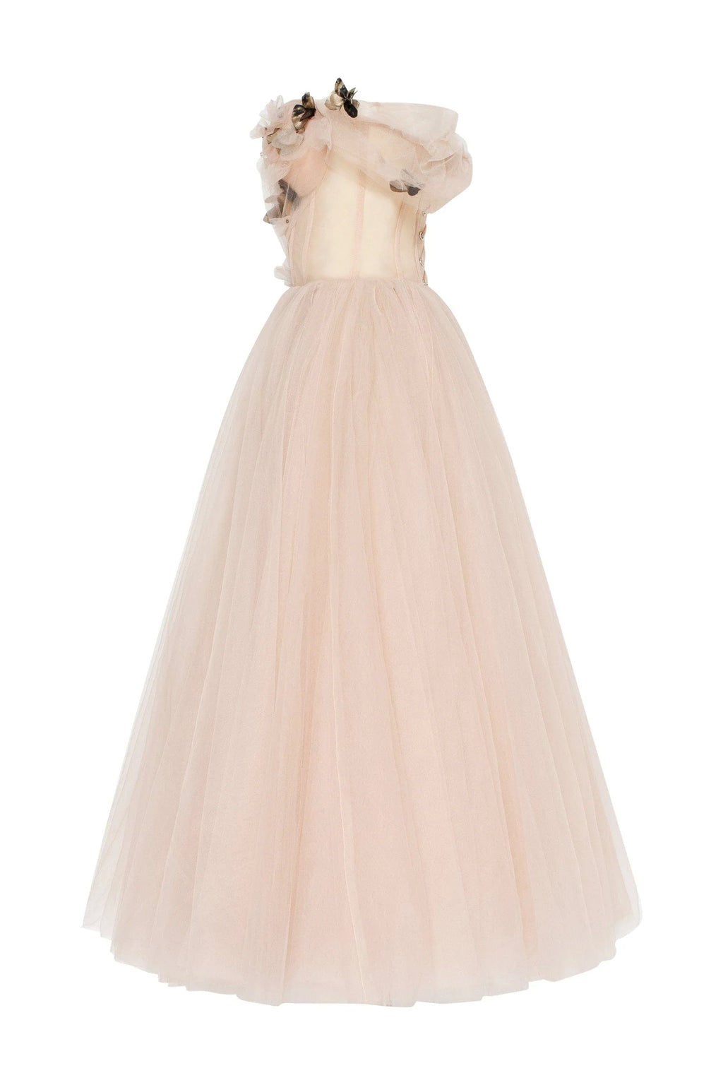 Off the shoulder midi gown with the tender embellishment