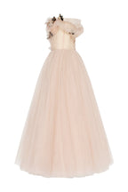 Off the shoulder midi gown with the tender embellishment