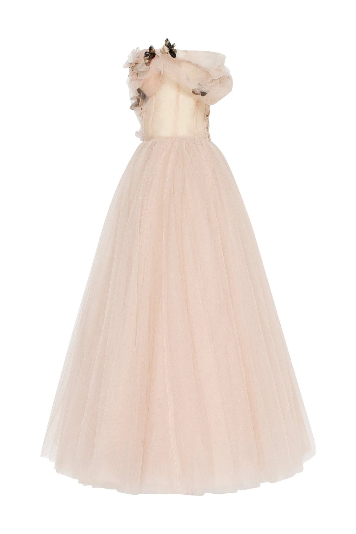 Off the shoulder midi gown with the tender embellishment