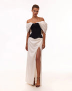 Sophisticated black fitted corset with white satin off the shoulder sleeves Midnight Walk