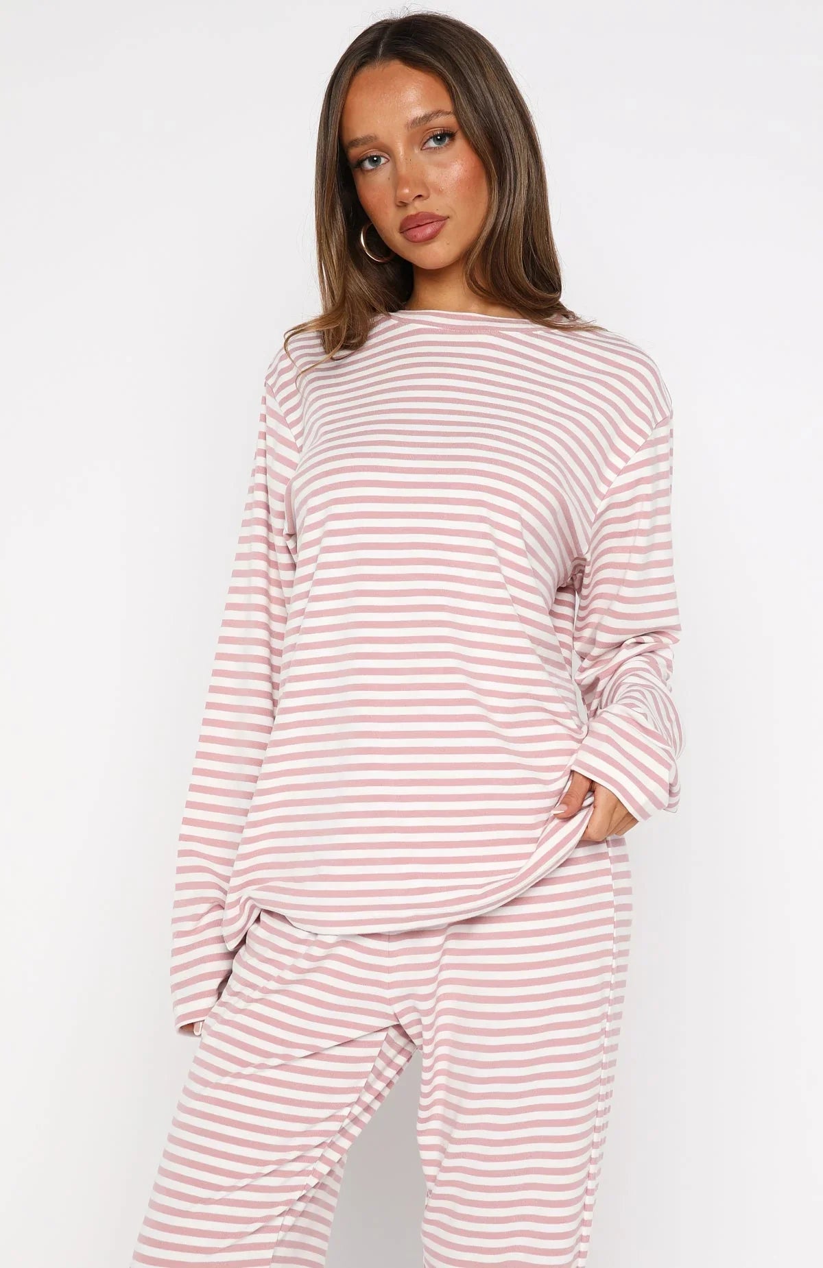 Slow Life Long Sleeve Pyjama Top Pink White Stripe