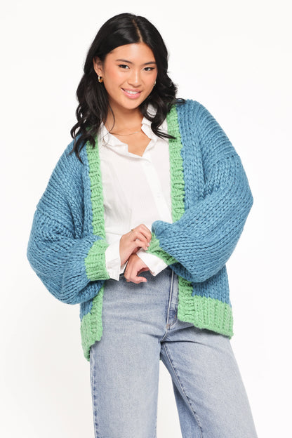 Anige Contrast Trim Cardigan Blue Green