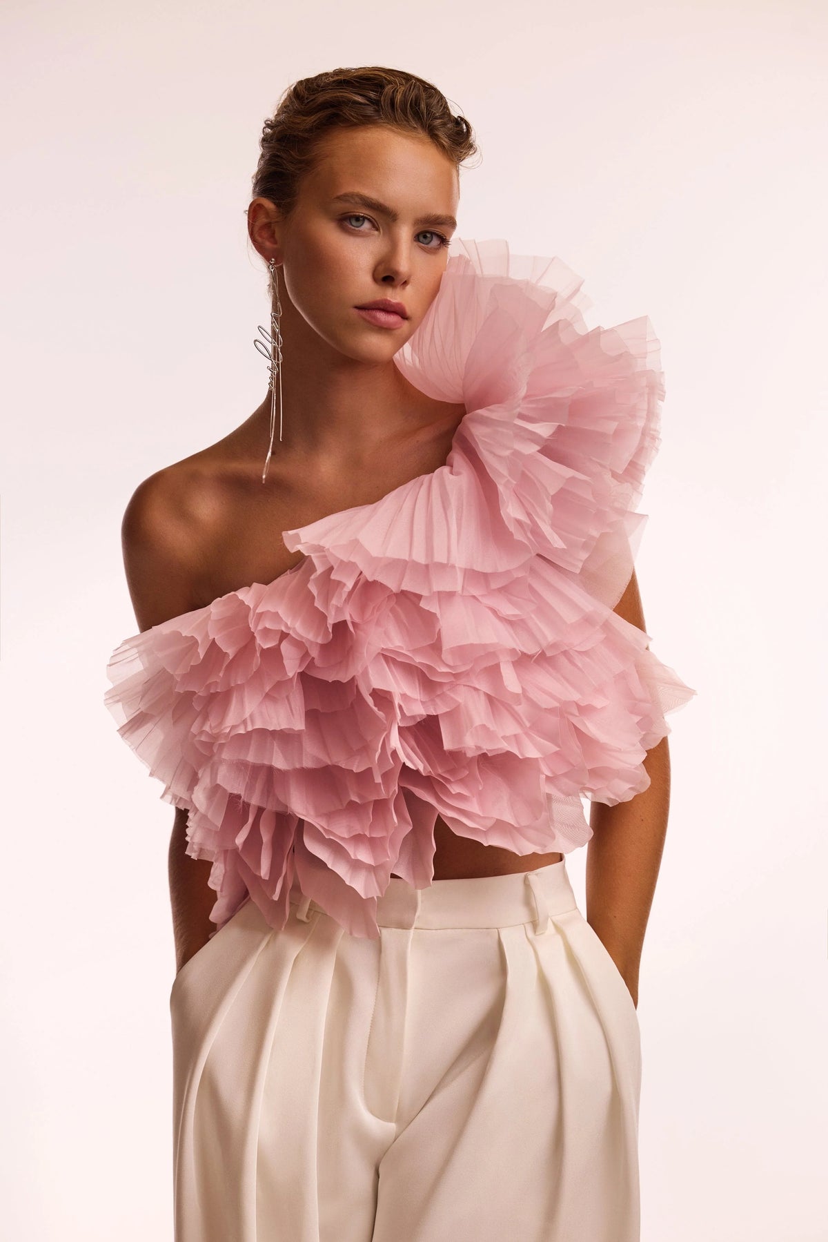 Flirty ruffled one shoulder organza pink top Midnight Walk