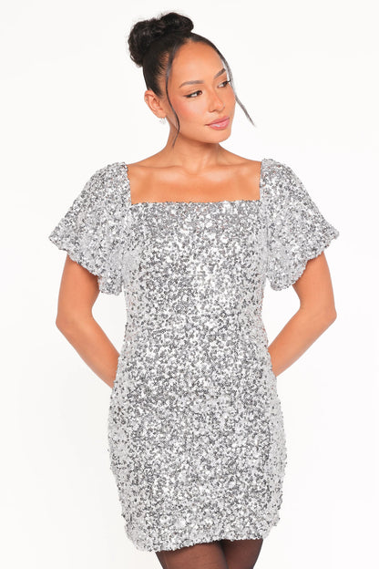 Tory Off Shoulder Sequin Mini Dress Silver