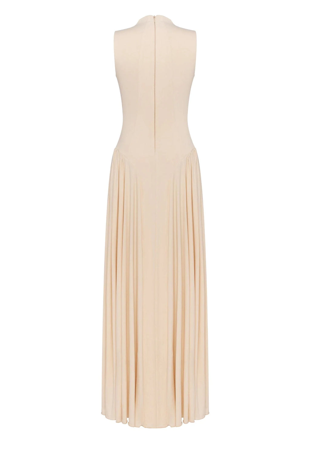 Nude sleeveless mock neck dress with a pleated maxi skirt